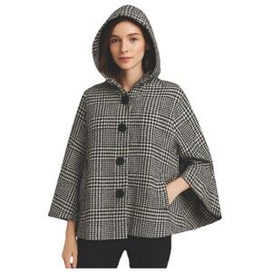 Talbots XS/S Hooded Houndstooth Cape Coat Black White Wool Blend New $199